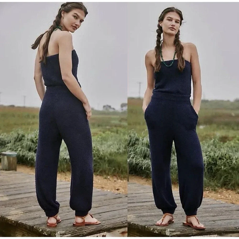 Free People Beach Claire One Piece Jumpsuit Navy Blue Terry Cloth Towel Size XS